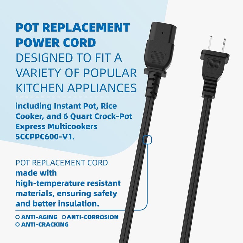 Xinxinlin 6 ft 2-Pin Pot Power Cord Compatible with 6 Quart Crock-Pot Express Multi Cooker SCCPPC600-V1, for Instant Pot, Rice Cooker Crock Pot Power Cord - Image 3